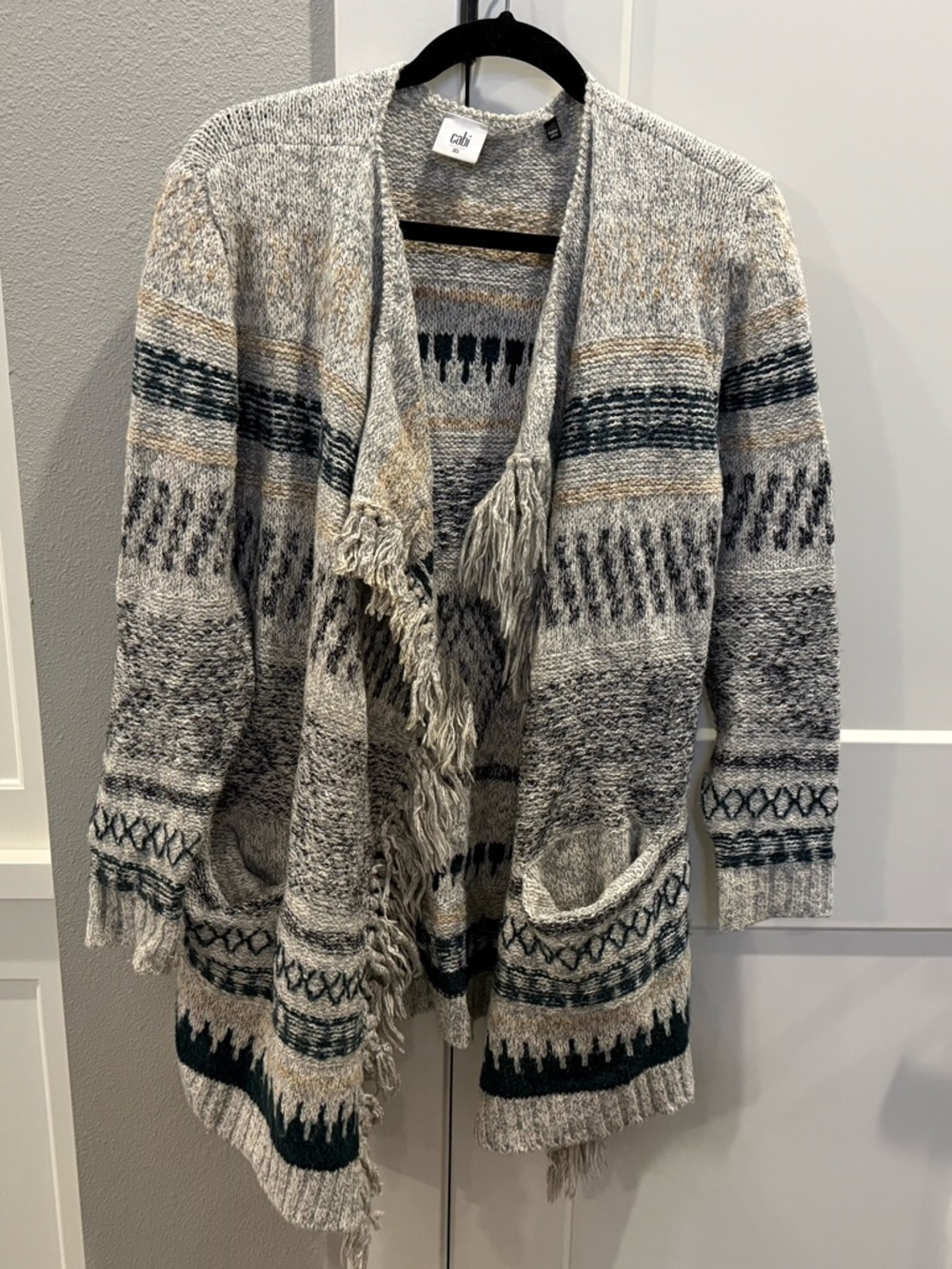 CAbi Women’s Green, Gray, & Cream Fringe Open-Front Cardigan
